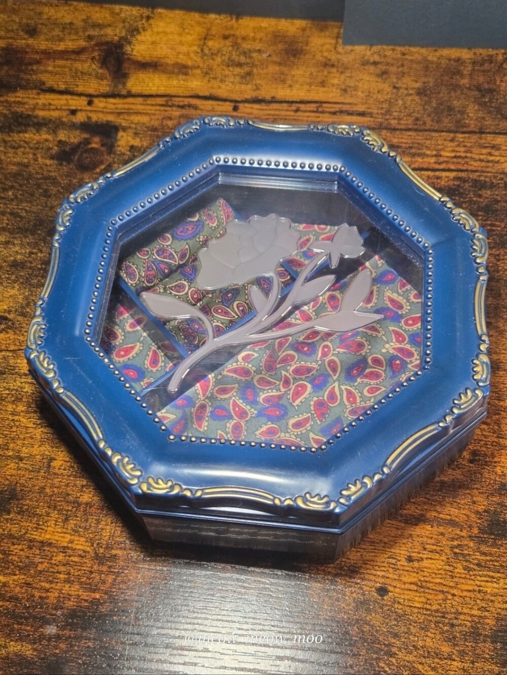 1995 Vintage Blue Plastic Ombre Jewelry Box Rose Octagon